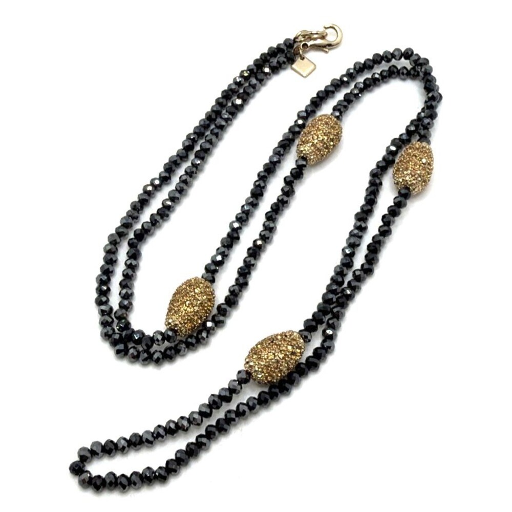 BANANA REPUBLIC Black Crystal Station Necklace Gold Pave Rhinestones 36"